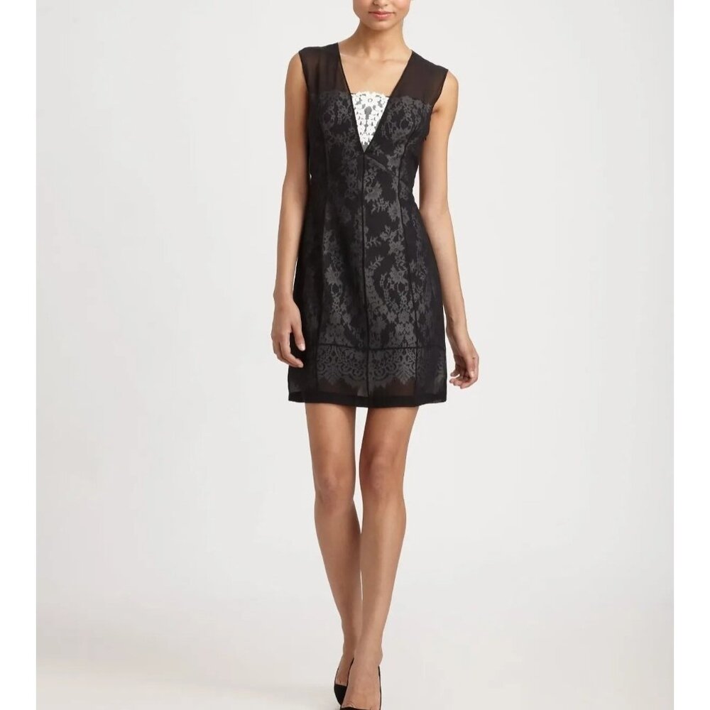 Robert Rodriguez Black Silk White lace Cocktail‎ Mini Designer Dress Size 4